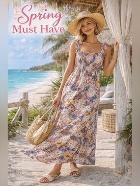 MINKPINK Pink Floral Tie-Shoulder Smocked Maxi Dress
